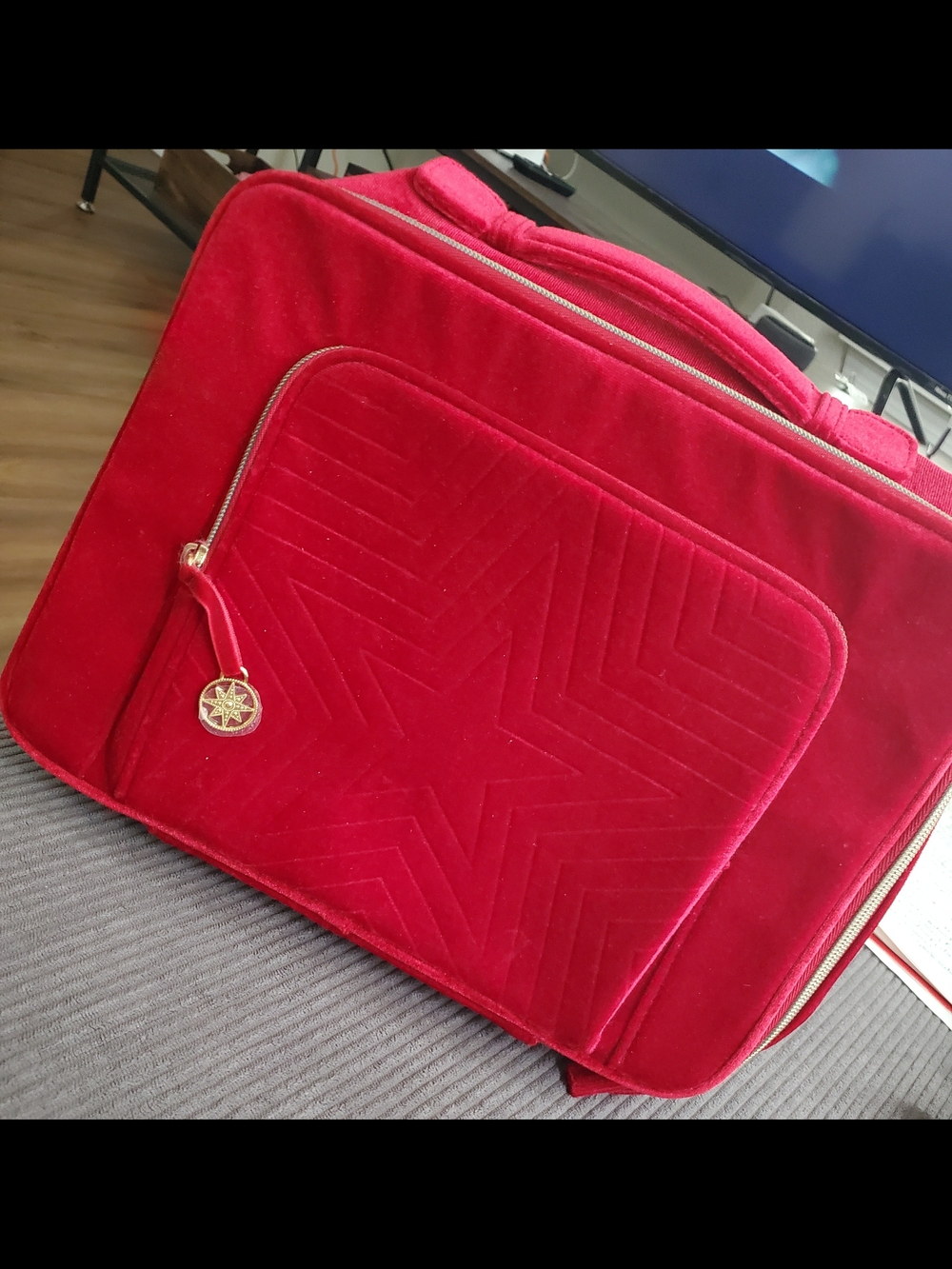 Burgundy Velvet Travel Tote Bag with Star-Quilted Front Pocket